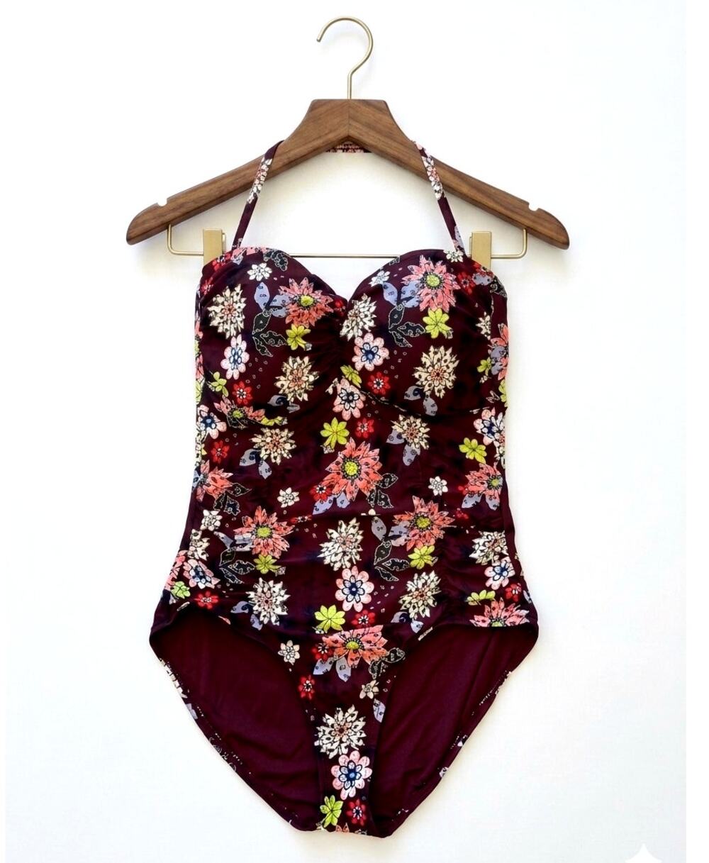 Anne Cole Floral One Piece Swimsuit Women's Size 12 Burgundy Halter MSRP $98